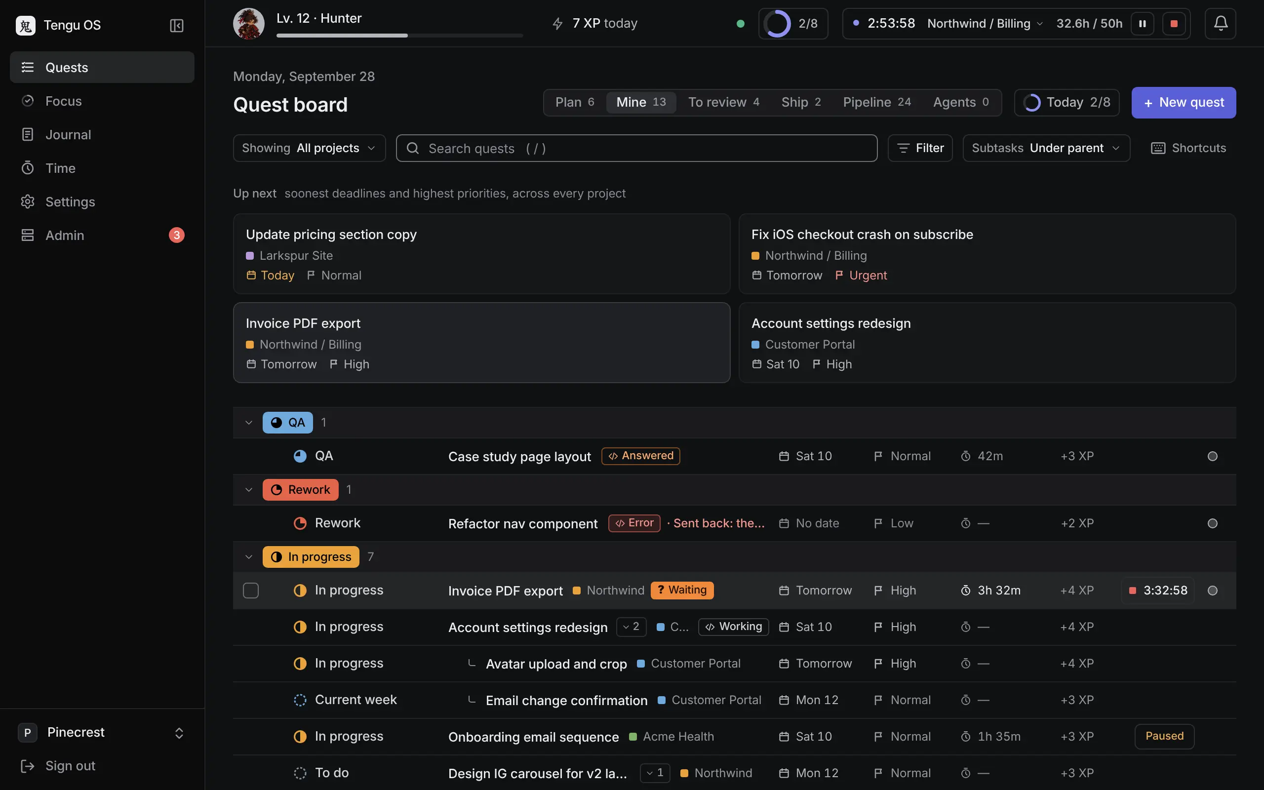 The quest board in Sleek: up next across every project, then quests grouped by status, each with its due date, priority, time and a running timer.