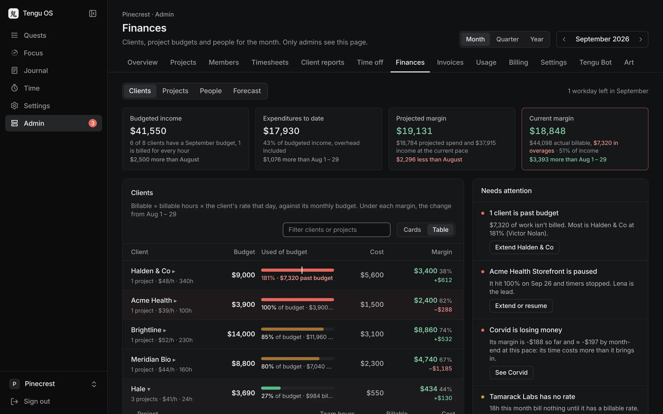 Finances for owners and admins: budgeted income, expenditures, projected and current margin, each client's budget used, and what needs attention.